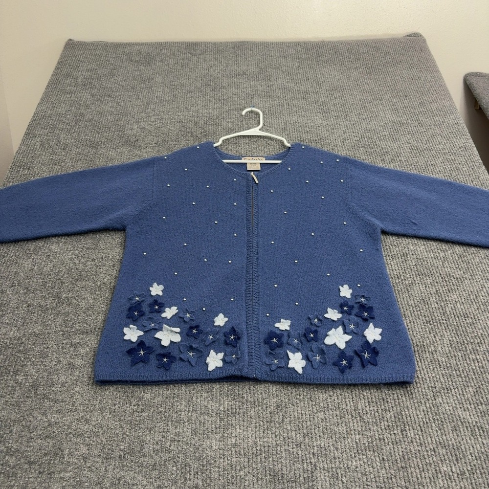 Vintage Timberlea Cardigan Womens XL Blue Wool Floral Beaded Full Zip Grannycore